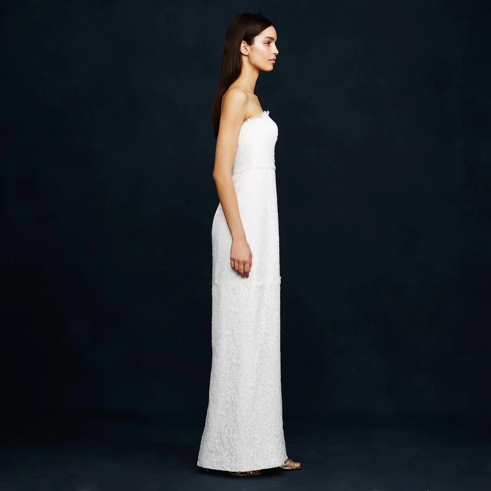 $995 NUEVO CON ETIQUETAS J. Vestido largo completo de boda de encaje con pestañas Crew línea A marfil talla 4 Foto 3 de 4