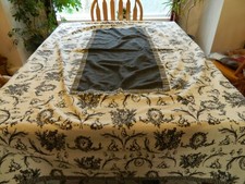 L-22 UNIQUE HAND CRAFTED BLACK  WHITE TABLECLOTH 53 X 74