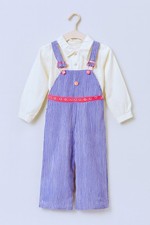 Vintage Girl's Jean Bibs Blue And White Stripes With Pink Fasteners Sears 1980s