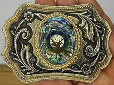 Vintage BPOE Elks Lodge Ornate Western Abalone Belt Buckle B.P.O.E. Elk Club Vtg