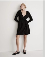 Madewell Ribbed Knit Wrap Mini Dress Black Long Sleeve Size L NWT