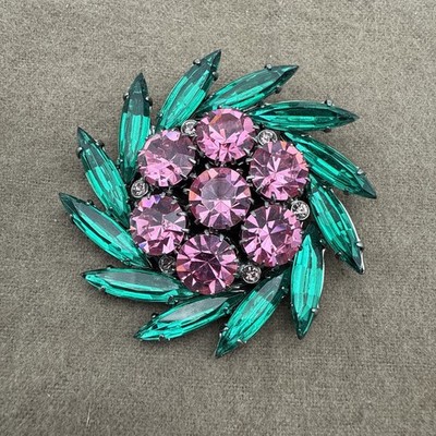 Vintage Juliana Style Green Pink Rhinestone Silvertone 2  Brooch Pin
