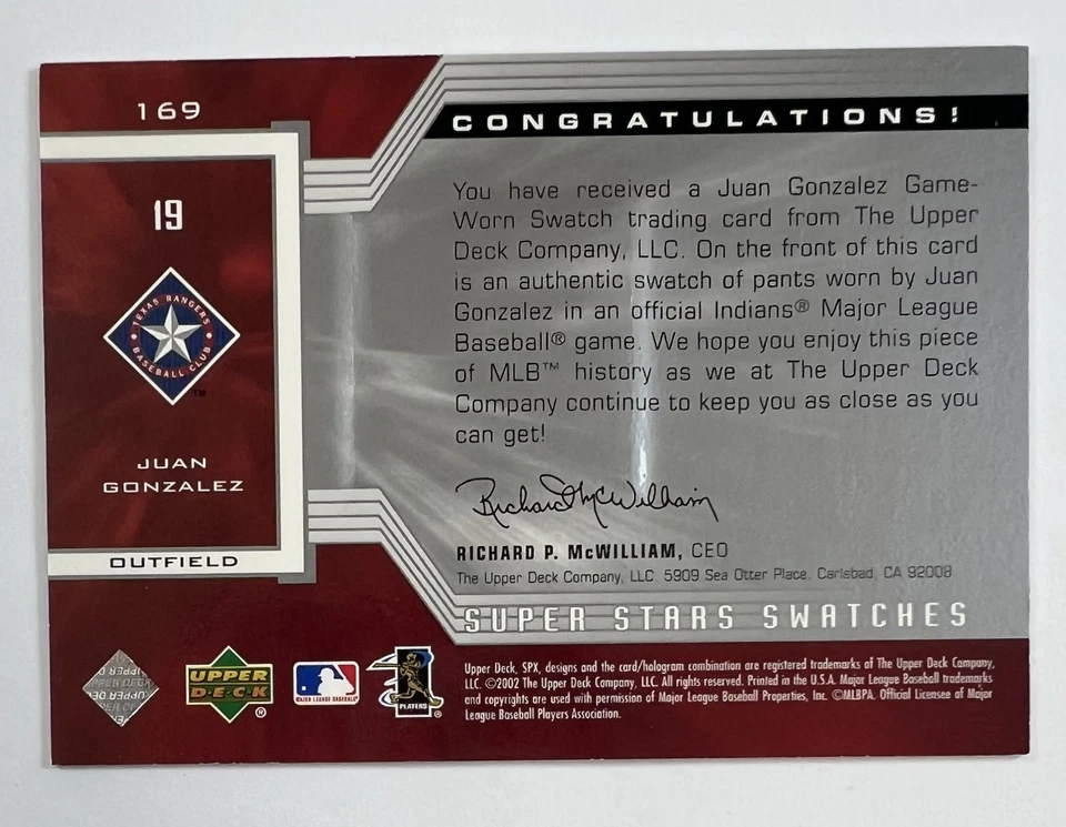 2002 Upper Deck #169 Juan Gonzalez Super Stars Swatches Relic 292/400 AR135 - Image 2 of 2