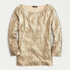 J Crew Gold Sequined 3/4 Sleeve Cotton Boatneck Tunic Top Size XL AE984 NWT 90