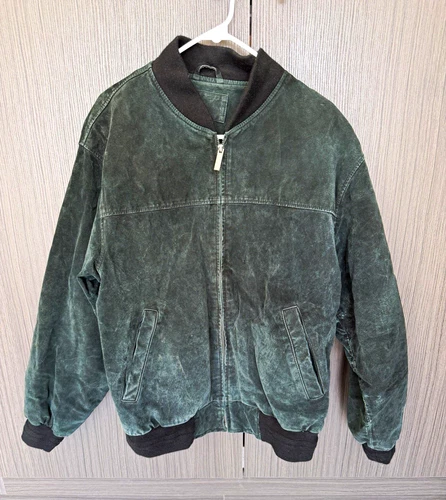 Vintage Croft & Barrow Green Suede Leather Bomber Jacket Mens M Quilted 90s - product listing photo