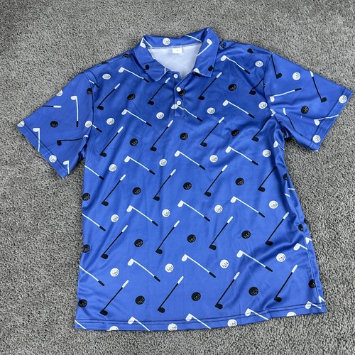 Golf Polo Shirt Mens Large Blue All Over Print Clubs Balls Novelty Short Sleeve - Picture 2 of 11