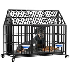 54'' Indestructible Heavy Duty Dog Crate Cage Kennel with 2 Bowls for Large Dogs