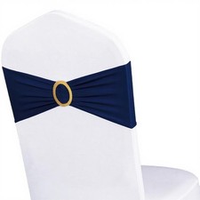 50 Pack Spandex Navy Blue Chair Sashes With Gold Buckles Stretch Bands Bows
