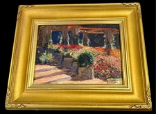 Colorful Garden Scene Oil Painting Signed S. Burnet | Framed Impressionist Art