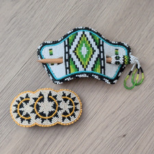 2pc Beaded Geometric Multicolor Hair Clip Lot - Glass/Wood/Leather/Metal