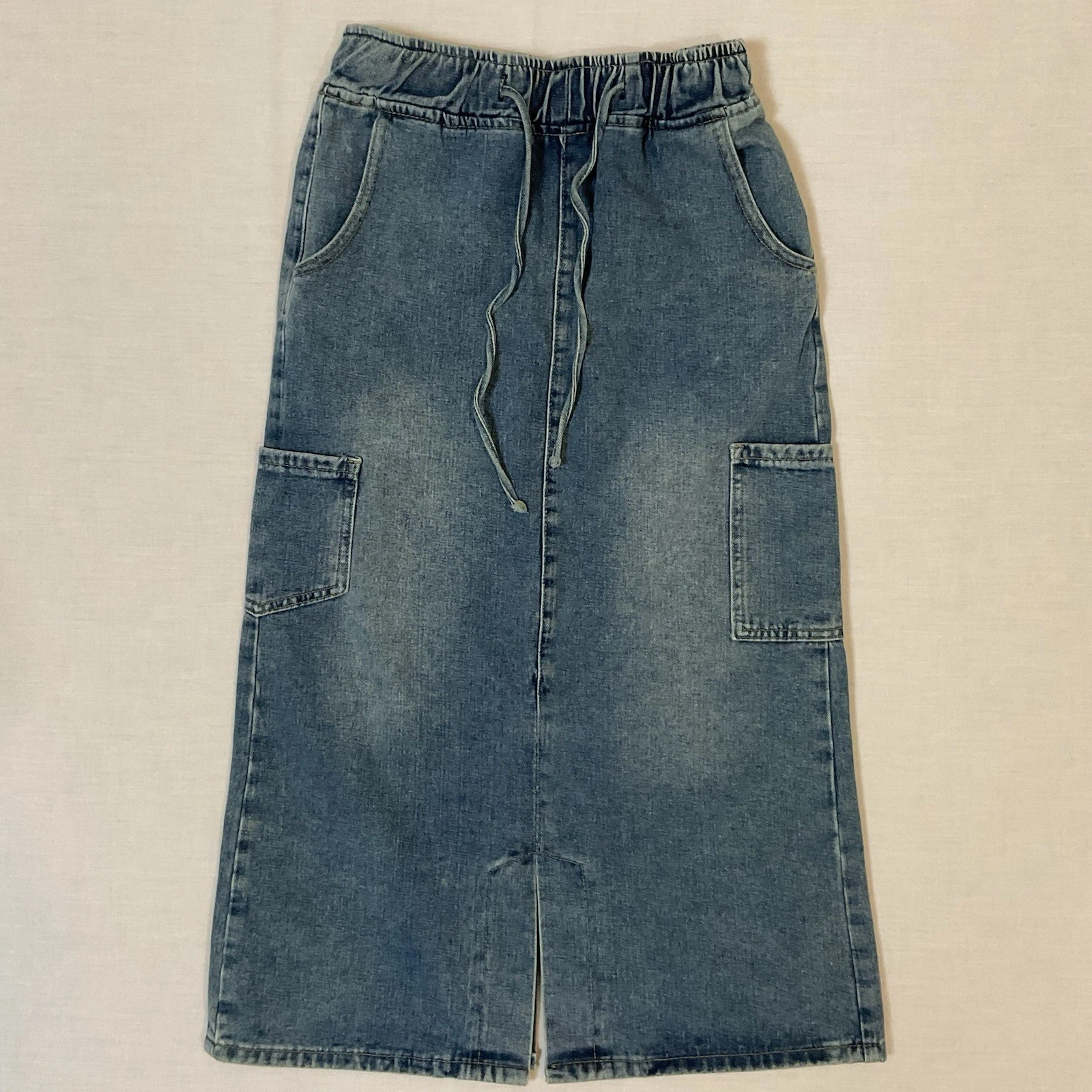 NEW VERVET Denim Skirt Small Midi Blue Elastic Waist Cargo Slits Cotton Poly