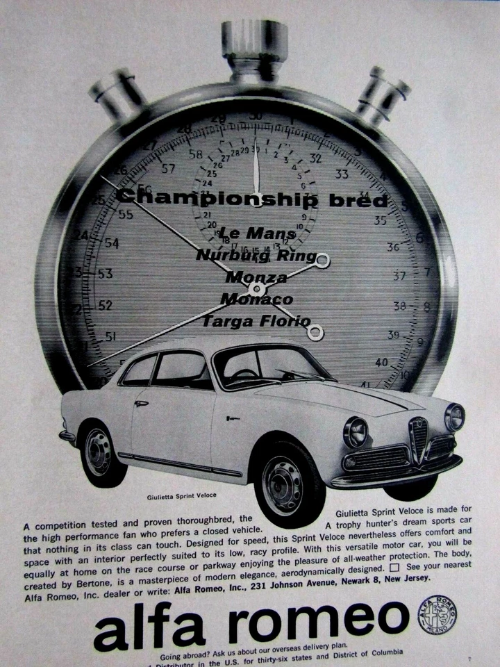 Alfa Romeo Giulietta Sprint Veloce Championship Bred 1962 anuncio impreso original Foto 4 de 4