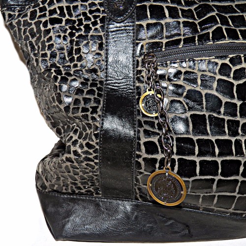 Christian Audigier Black Alligator Croc Print Vegan Leather Shopper Tote Purse - Picture 12 of 12