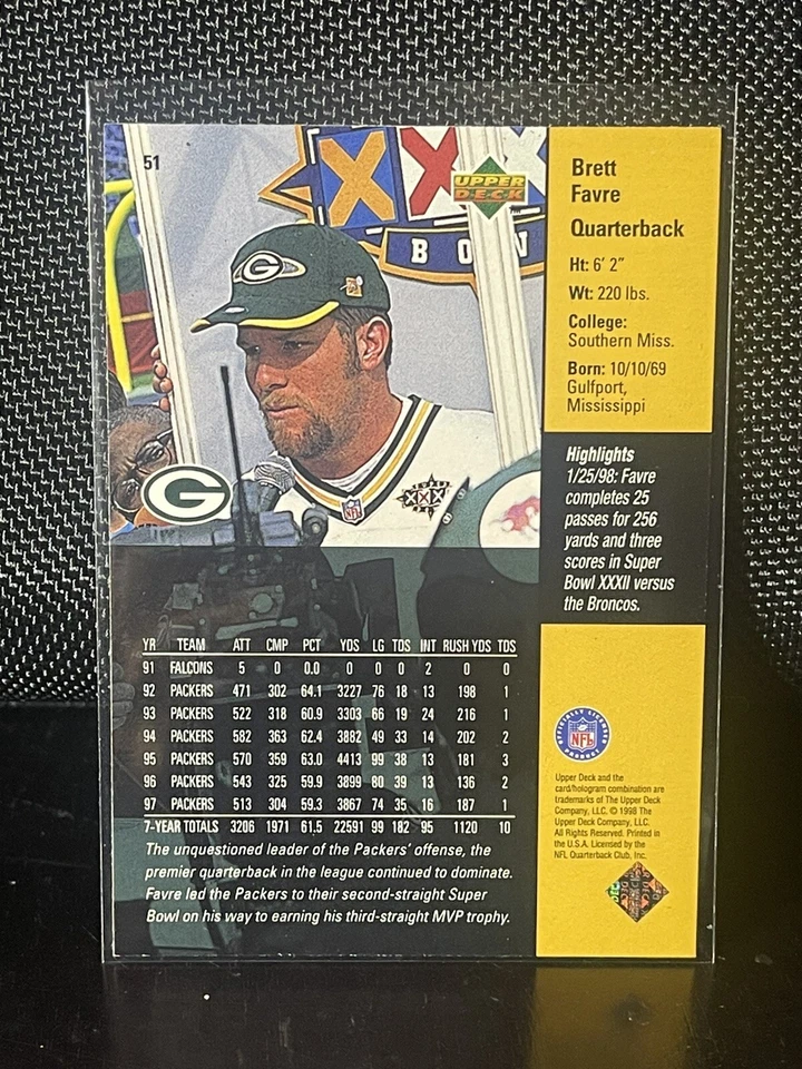1998 Upper Deck Game Dated Brett Favre GREEN BAY PACKERS TEAM card #51 - Image 2 of 2