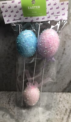 Easter Foam Glitter Decorated Easter Eggs  Picks. 3 Ct-10.5 ''-Brand New-SHIP24H