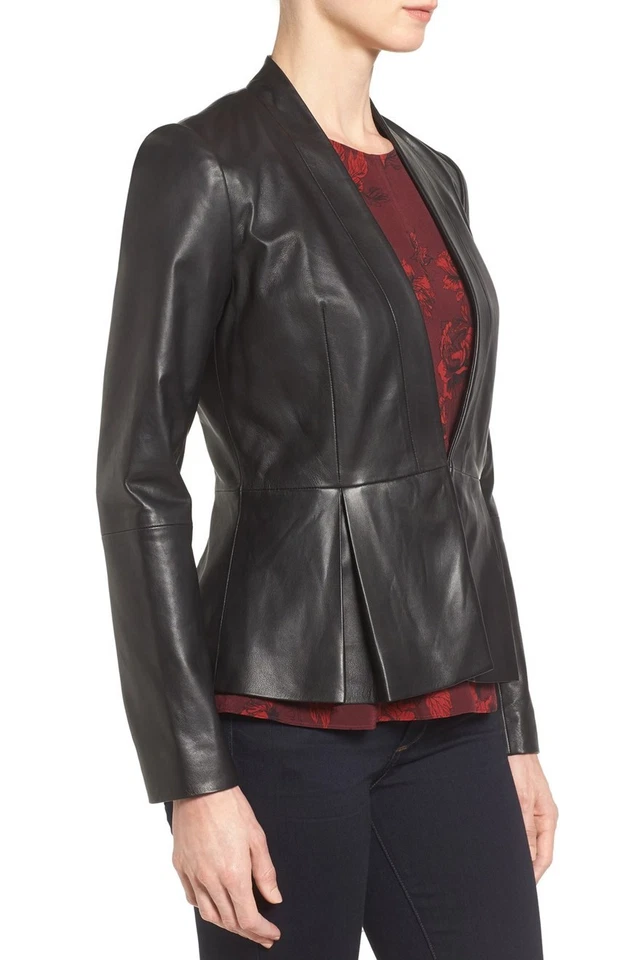 Черная кожаная куртка женщин чисто из овчины пеплум куртка размер S M L XL заказ - 028 - Изображение 3 из 4