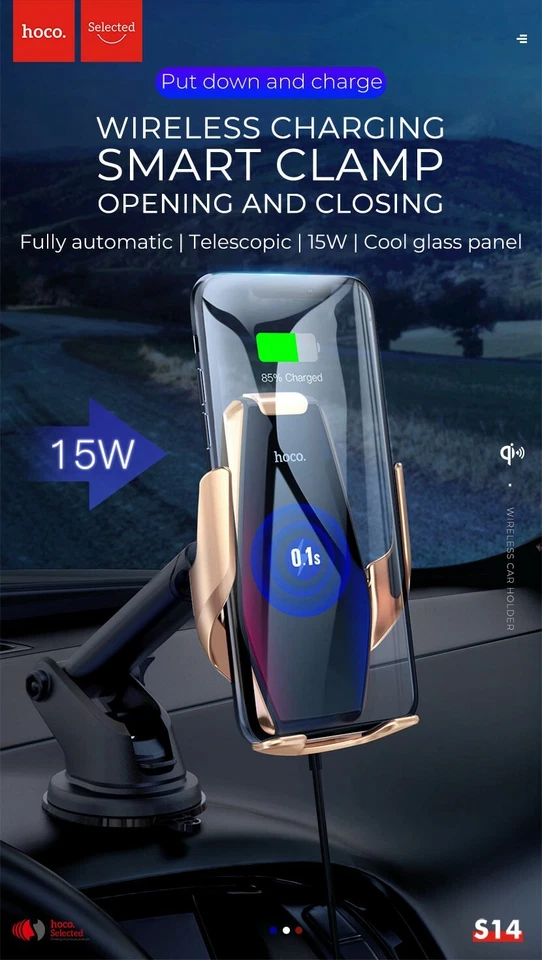 HOCO Cargador Inalámbrico Coche y Soporte Teléfono Coche “S14 Surpass” para Salpicadero Dorado Foto 3 de 4