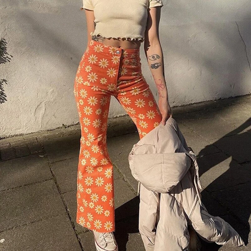 Orange Daisies High Waist Flare Pants Summer Flower Print Bell Bottom  Trousers