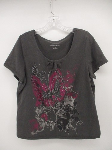 Fashion Bug 1X Cap Sleeve Gathered Scoop Neck Floral Butterfly Shirt
