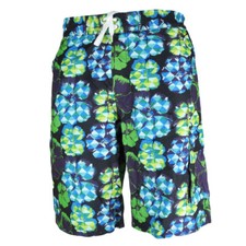 Panama Beach Floral Hawaiian Print Navy Green Mesh Lining Swimming Shorts Mens