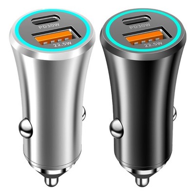 52.5W Quick Charging Metal Car Charger USB C and USB A Port for Mobile Devices