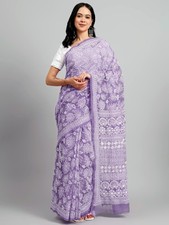 Purple Georgette Full Jaal Chikankari Saree Lucknowi Chikan Handmade Sari Blouse