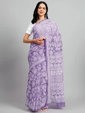 Purple Georgette Full Jaal Chikankari Saree Lucknowi Chikan Handmade Sari Blouse