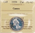 Canada 1959 25 Cents Quarter Silver Coin - ICCS PL-65 Cameo