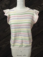 80s-Style Annalise Eyelet Sweater Top w/ Ruffle Sleeve Size Large Pastel Stripes