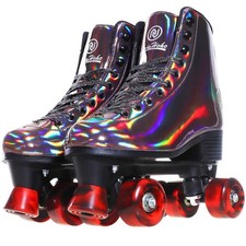 Roller Skates for Women, Black Holographic High PU Leather Rollerskates, Shiny D