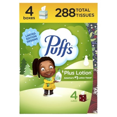 Puffs Plus Lotion Facial Tissue, 4 Mega Cube 72 Count (Pack of 4), White 