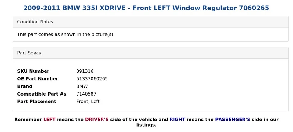 BMW 335I XDRIVE 2009-2011 - Regulador de ventana delantero izquierdo 7060265 Foto 3 de 4