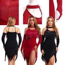 Womens Dress Party Outfits Gloves Dancewear Latin Fringe Irregular Hem Costume