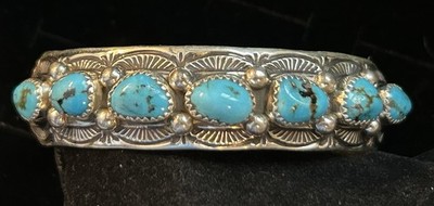 Navajo Handmade Sterling Silver & Kingman Turquoise Cuff by Artist Grace Silver