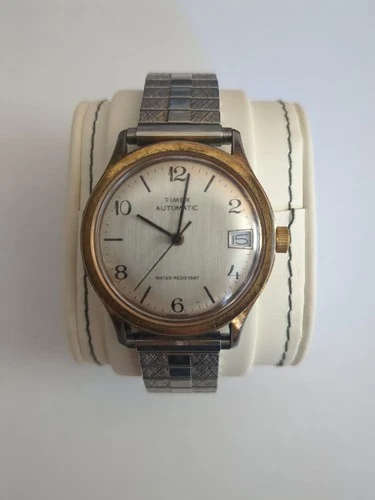 Vintage 1981 Timex Automatic Wind Watch Silver Dial Stretch Band Date