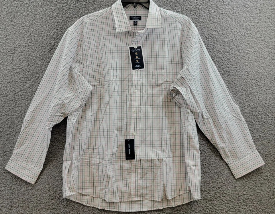 Camisa de vestir a cuadros Club Room ajuste regular Letto para hombre 18 34-35 verde/rosa L/S Foto 2 de 4