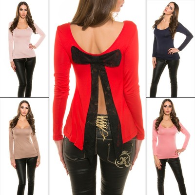 T-shirt Clubwear Top With Long Sleeves Cut Out Back and Lace Bow KouCla