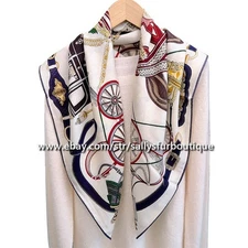 Sallys 70% Cashmere & 30% Silk Scarf Carriage Print Face Stole Shawl 35" White