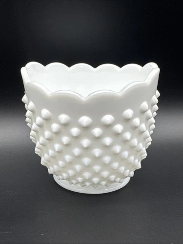 Vintage Fenton Hobnail Milkglass Scalloped Spooner Vase