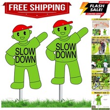 2 Pcs Metal Slow Down Kids at Play Sign with Stake for Street Safety Double S...