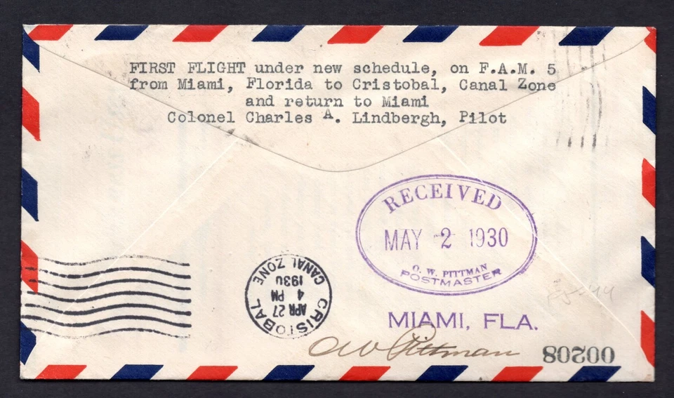 US 1930 MIXED FRANKING WITH CANAL ZONE FIRST FLIGHT F.A.M. 3 MIAMI TO CRISTOBAL - Image 2 of 2