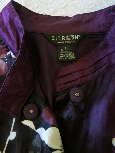 Citron SM Crush Silk Black Purple Artsy Asian Floral Duster Coat Zip Pockets M L - Picture 5 of 21