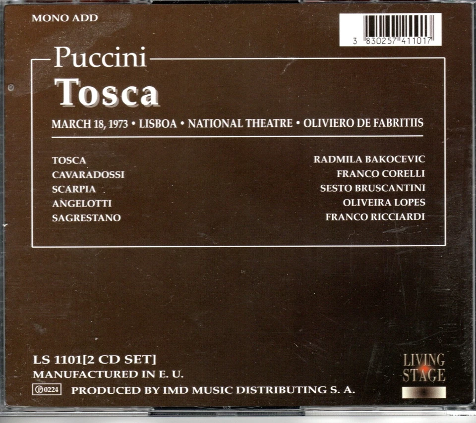 PUCCINI - TOSCA - CORELLI - BOKOCEVIC - BRUSCANTINI - DE FABRITIS - 1973 - Image 2 of 2