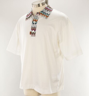 MISSONI White ZIG ZAG Collar Cotton Short Sleeve Polo Shirt MEDIUM NWT