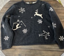 Woolrich Womens Sz L Charcoal Heather Sweater 100 Wool Knit Snowflake Reindeer