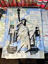 Statue Of Liberty Black Textile Ink Made On Original New York Subway Map
