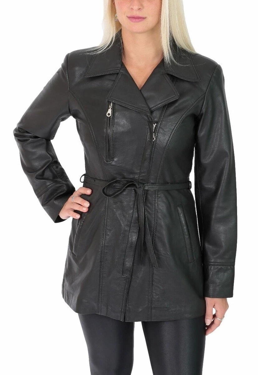 Leather Jacket Coat Long Women Black Womens S Size Trench Hood Shearling XS Us 5