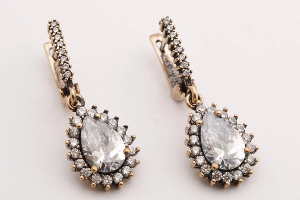 Turkish Jewelry Drop Shape White Topaz Bronze 925 Sterling Silver Earrings - Image 2 of 4
