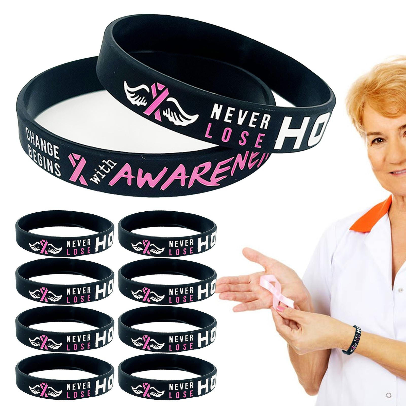 Breast Cancer Awareness Bracelet Pink Ribbon Silicone Wristband Jewelry Adult