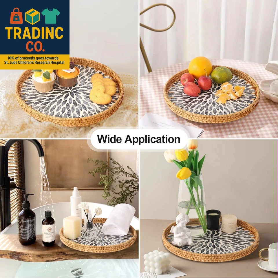 Round Rattan Tray with Mother of Pearl Inlay, Rattan Serving Tray for Coffee, Br - Image 2 of 4